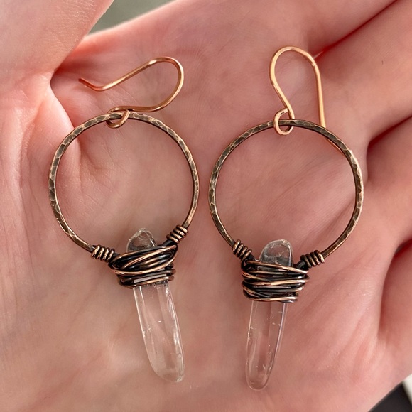 Handcrafted Clear Quartz Hammered Copper Dangle Hoop Earrings - Picture 3 of 4